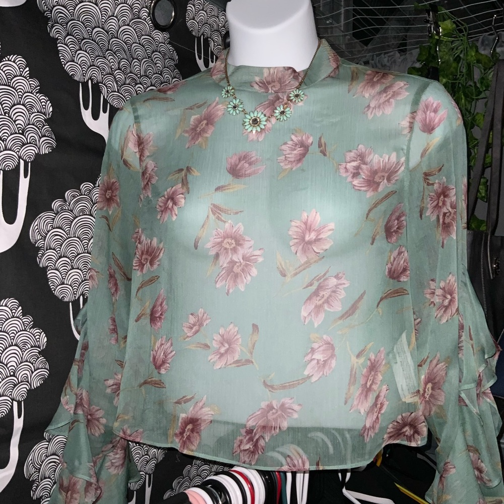 Forever21 XL Floral Sheer Top with High Neck and Frilly Long Sleeves